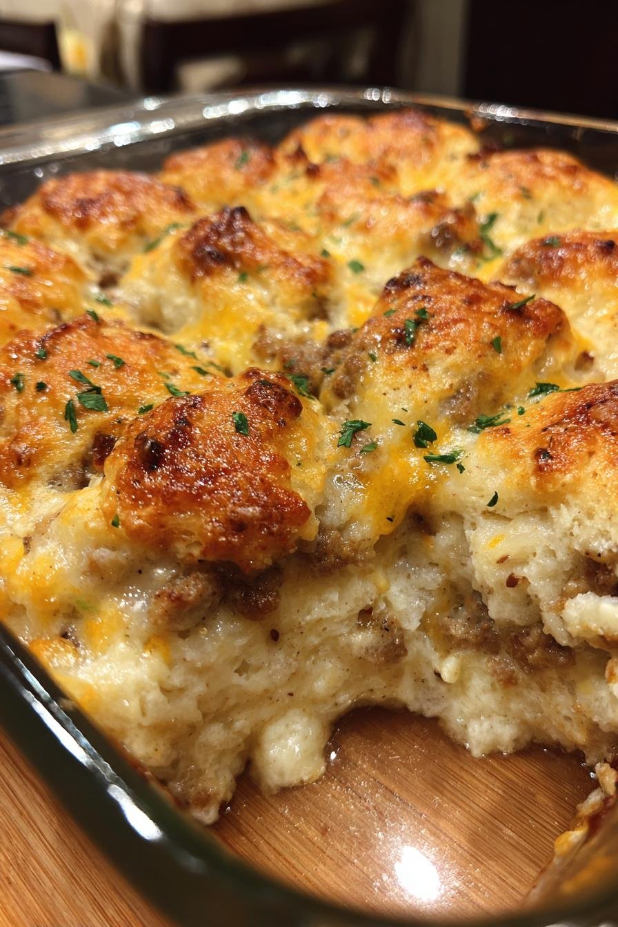 Easy Breakfast Casserole with Biscuits and Gravy