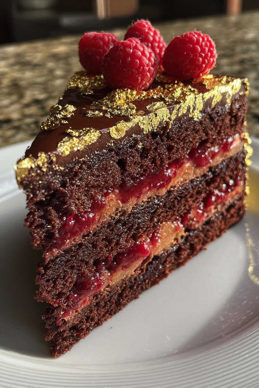 Gold Leaf Chocolate Cake with Raspberry