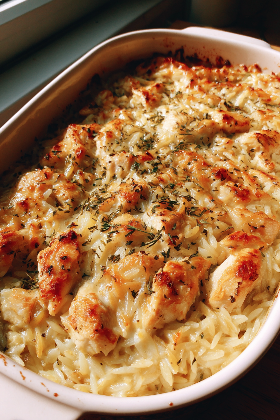 French Onion Chicken Orzo Casserole